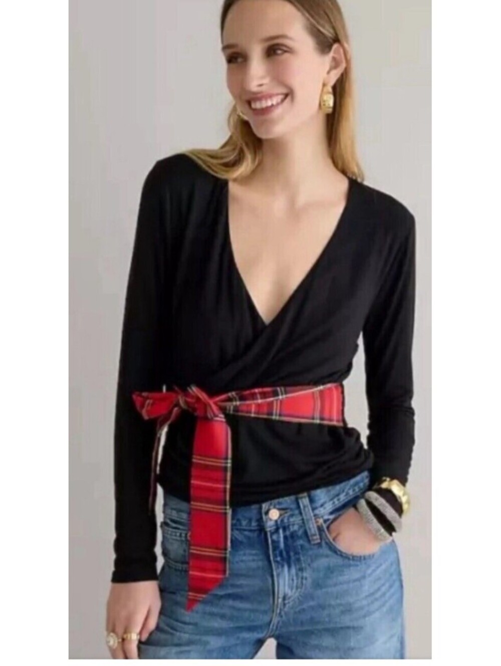 J. Crew FormKnit Top Womens XS Black Long Sleeve Plaid Wrap Modal Pullover